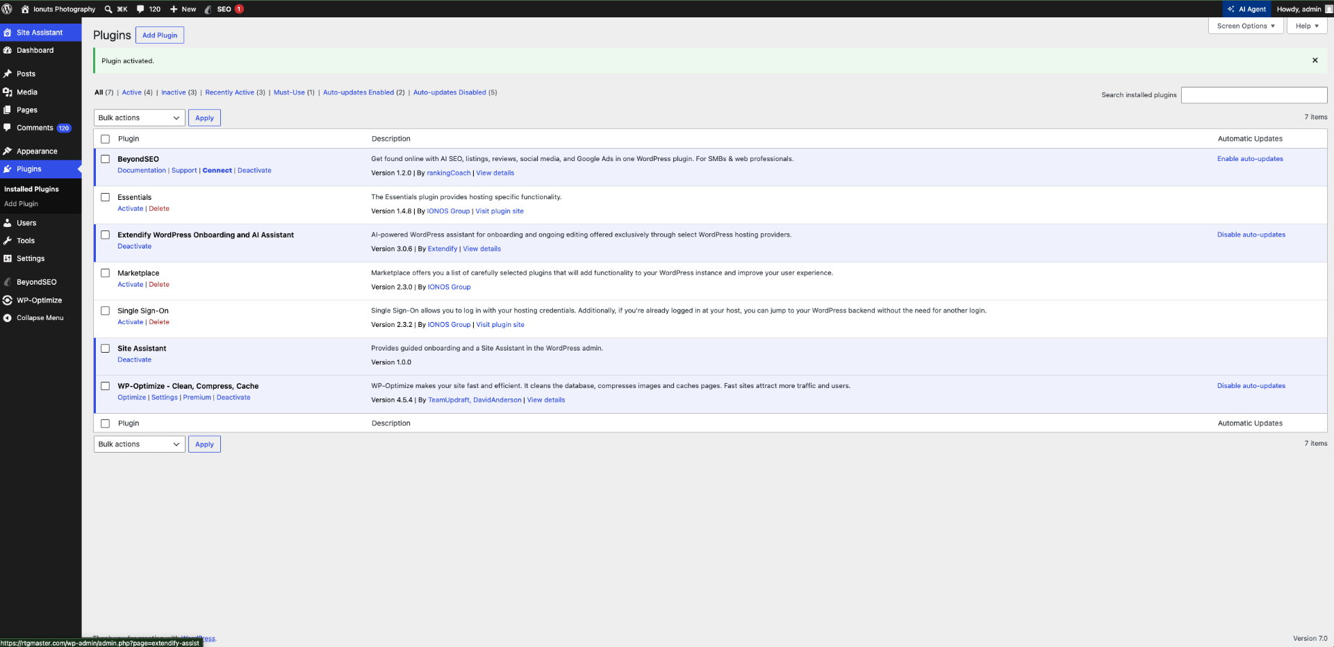 WordPress Plugins list confirming BeyondSEO is activated, with the SEO menu item visible in the admin bar
