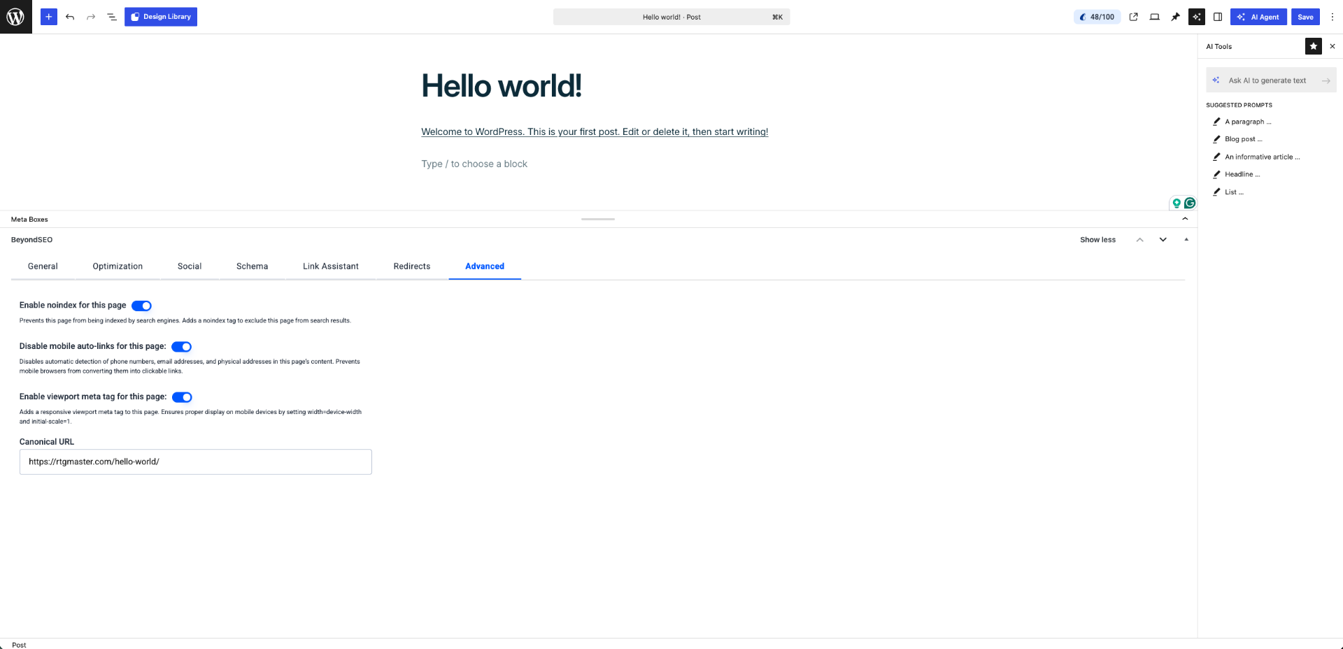 BeyondSEO Advanced tab inside the WordPress editor — Full technical control