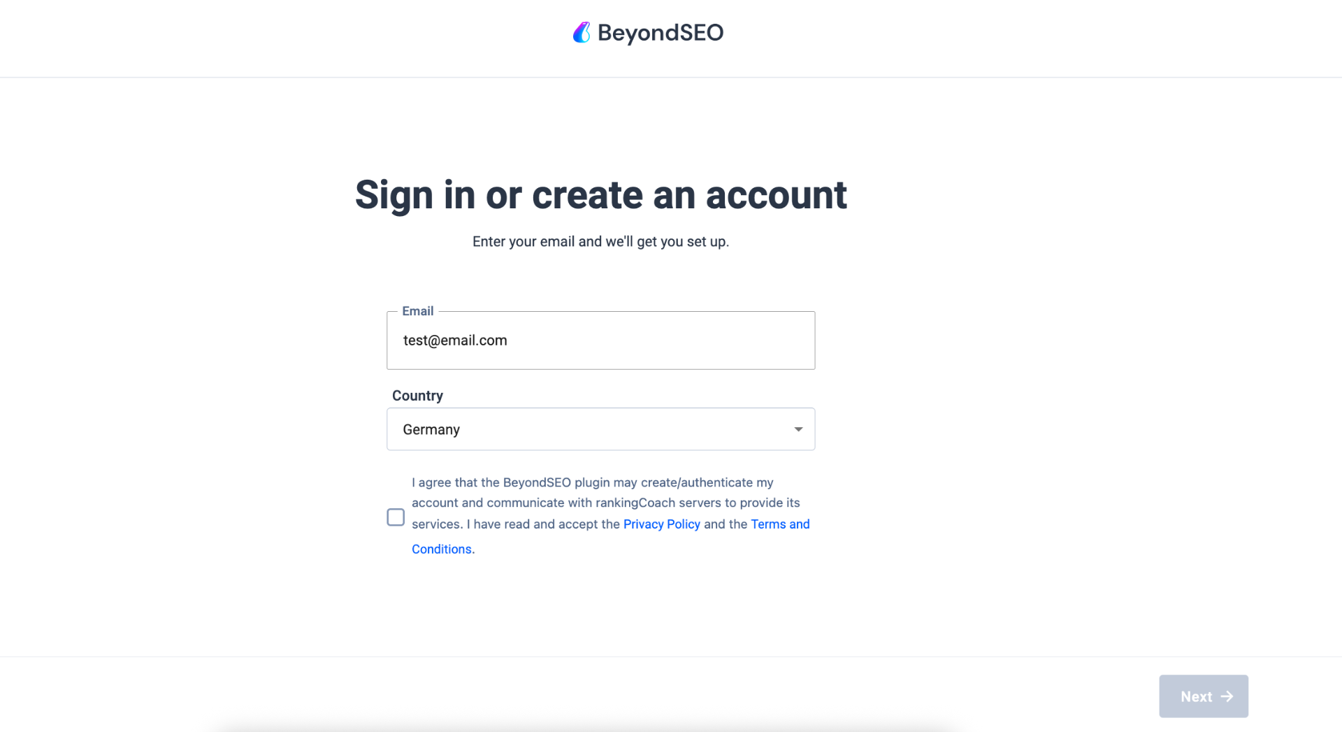 BeyondSEO onboarding screen to sign in or create a free rankingCoach account with email and country
