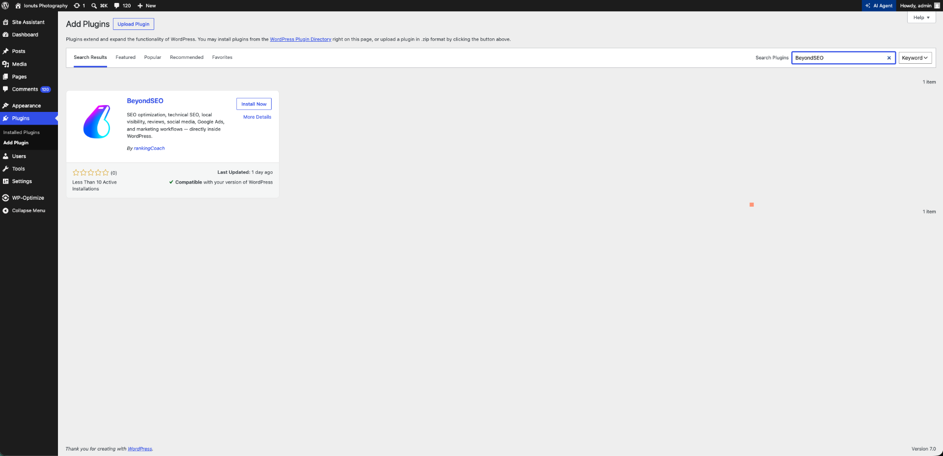 WordPress Add Plugins screen showing the BeyondSEO by rankingCoach search result with Install Now button