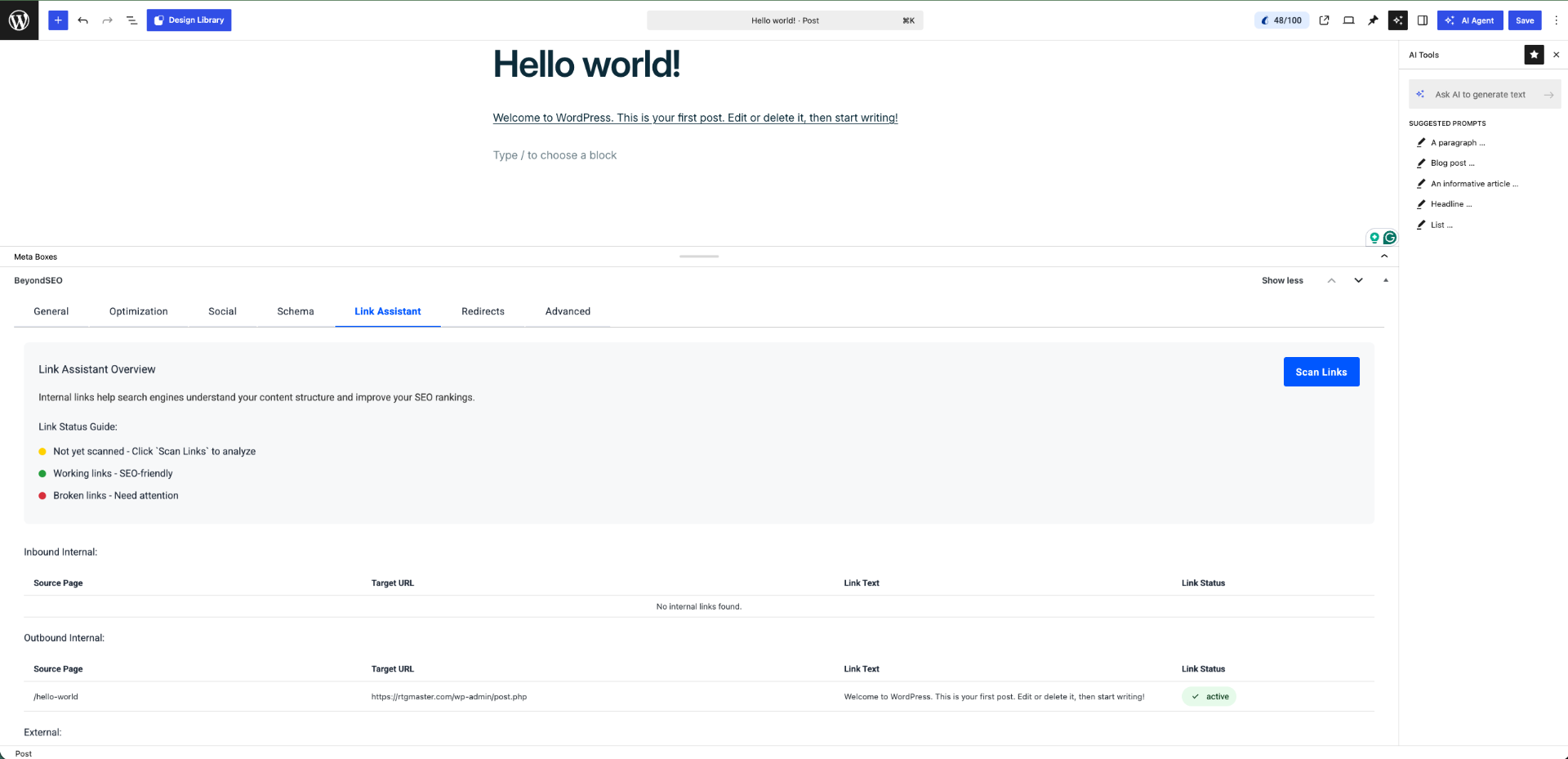 BeyondSEO Link Assistant tab inside the WordPress editor — Internal & external link audit