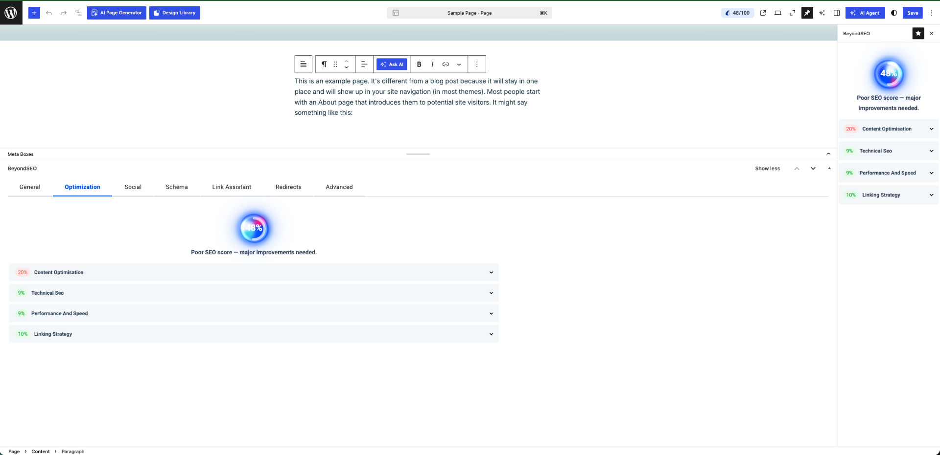 BeyondSEO Optimisation tab inside the WordPress editor — Per-page SEO score