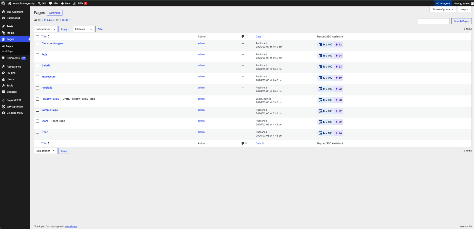 WordPress Pages list showing the BeyondSEO Assistant column with per-page optimisation scores
