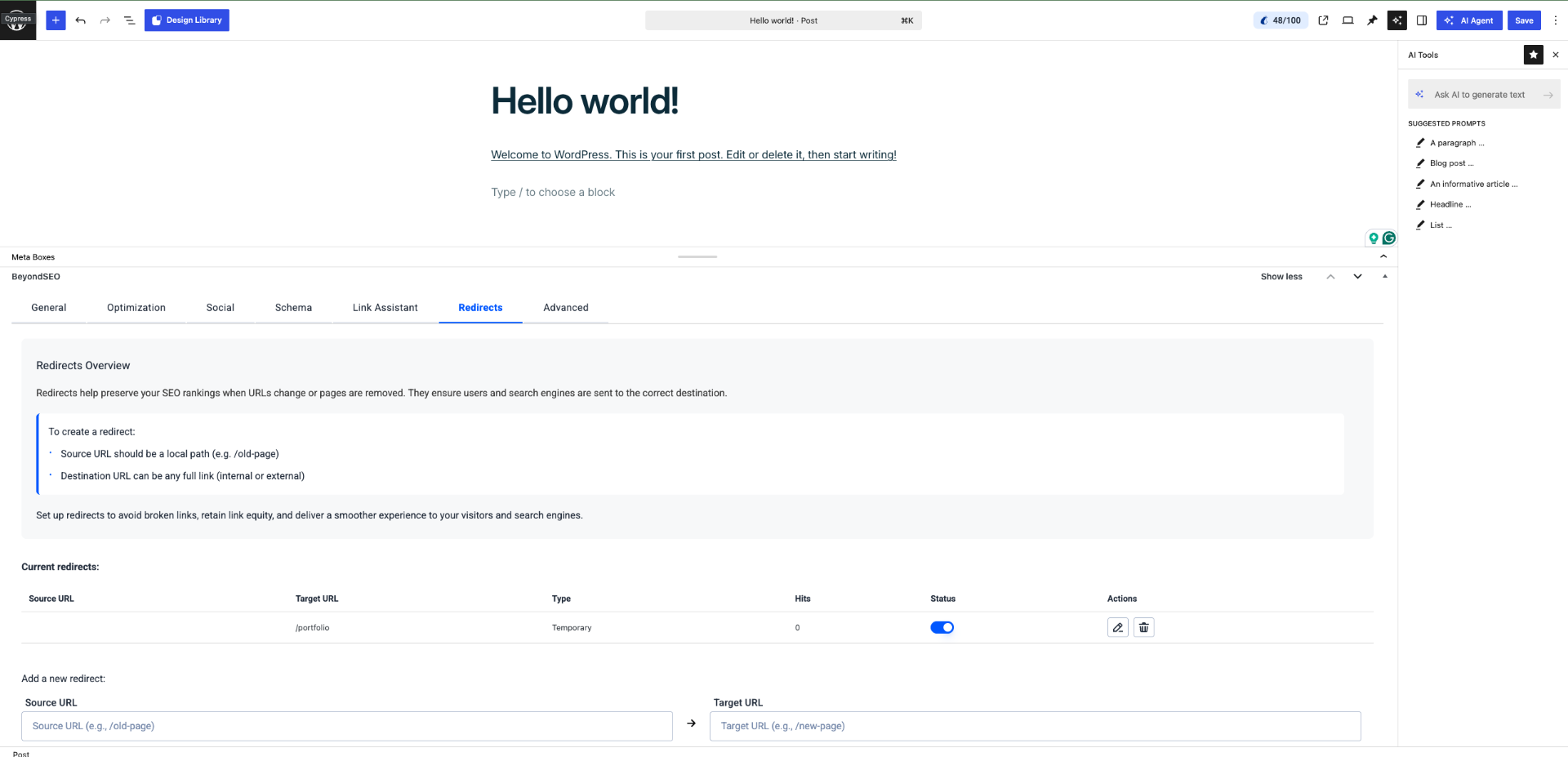BeyondSEO Redirects tab inside the WordPress editor — Keep your rankings on URL changes