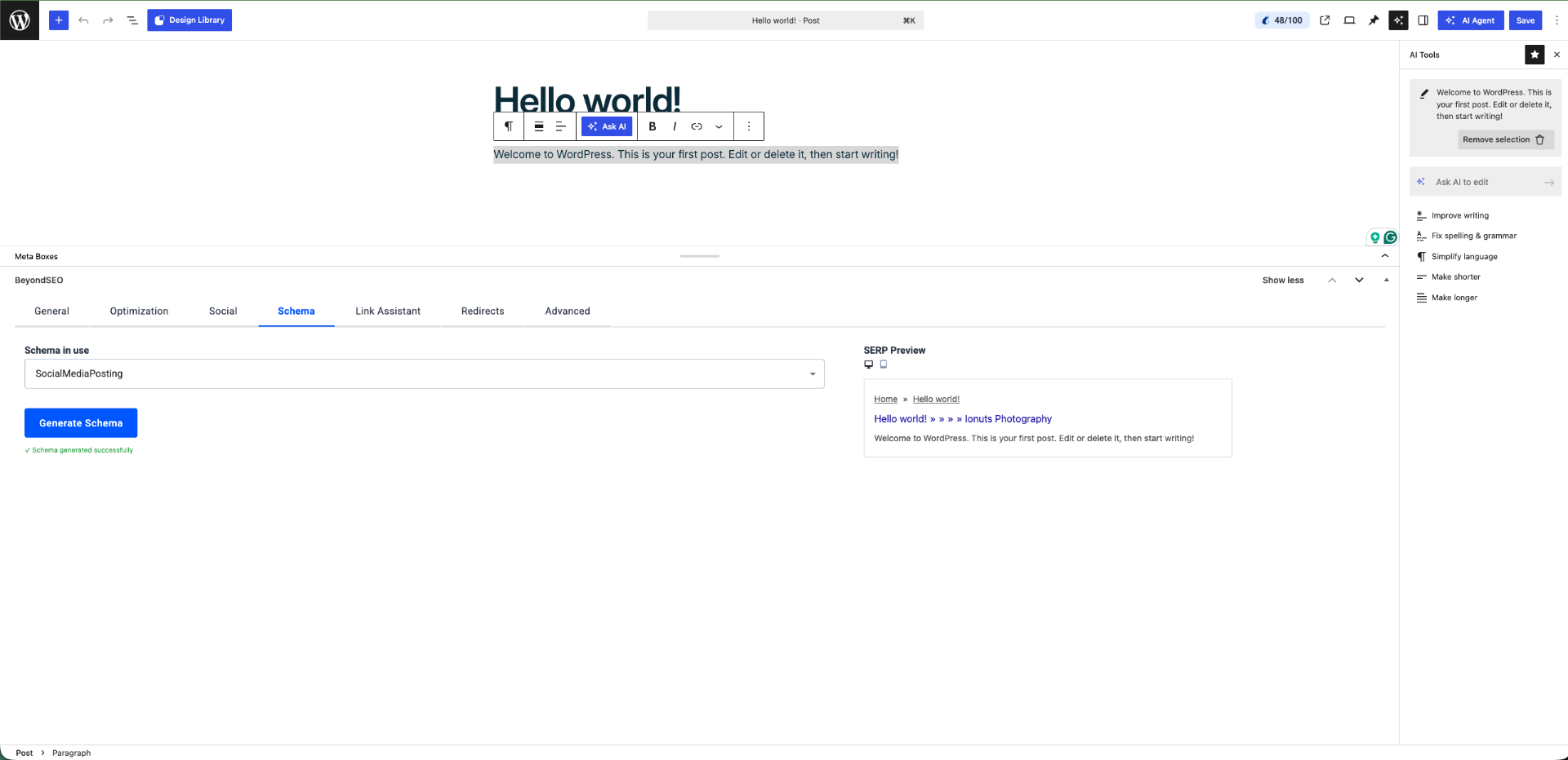 BeyondSEO Schema tab inside the WordPress editor — Structured data, in one click