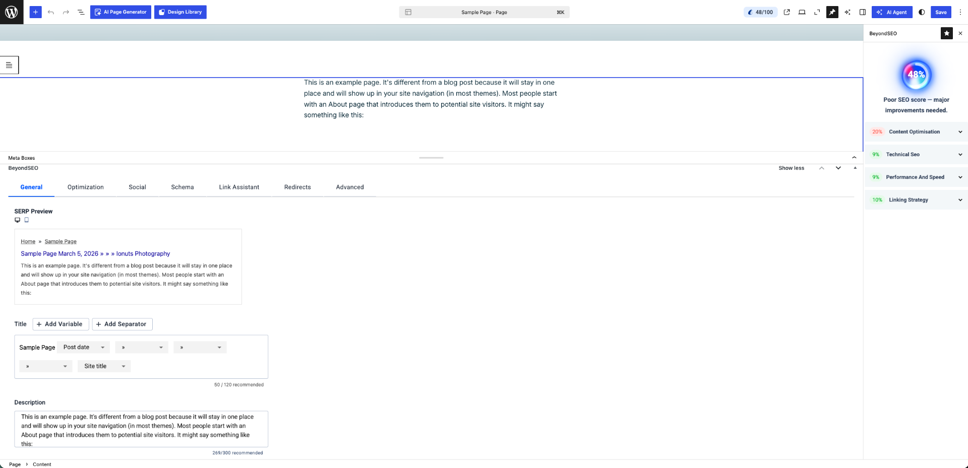 BeyondSEO General tab in the WordPress editor showing SERP preview, title and meta description fields