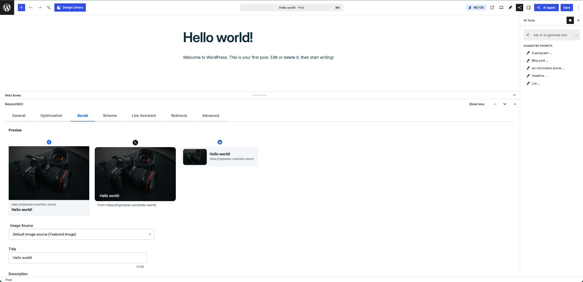 BeyondSEO Social tab inside the WordPress editor — Native social previews
